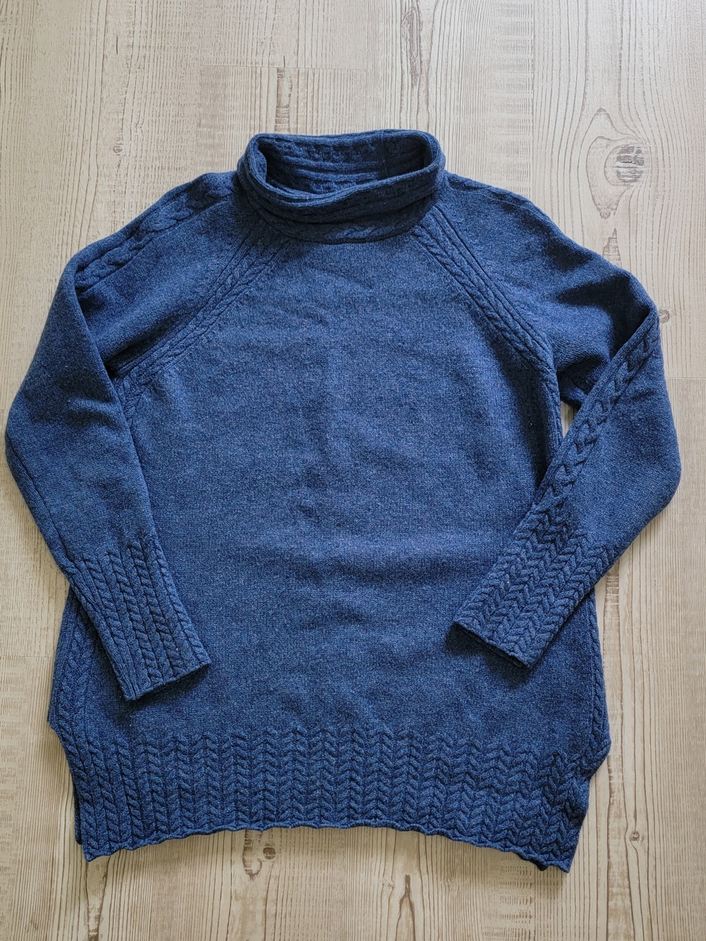 Women's 100% Merino Wool Navy Cable Trim Turtleneck Sweater Coastal Grandma